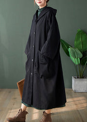 Handgemachte schwarze Knopftaschen locker fallender Langarm-Hoodie-Mantel