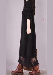Handmade Black Clothes O Neck Patchwork Lace Kaftan Spring Dresses - SooLinen