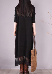 Handmade Black Clothes O Neck Patchwork Lace Kaftan Spring Dresses - SooLinen
