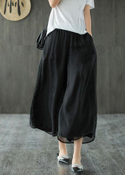 Handmade Black Elastic Waist Retro Wide Leg Crop Pants - SooLinen