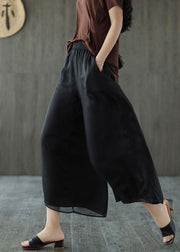 Handmade Black Elastic Waist Retro Wide Leg Crop Pants - SooLinen
