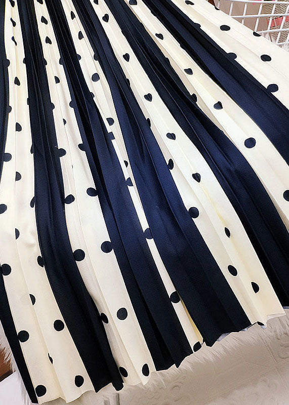 Handmade Black Elastic Waist Striped Silk Pleated Skirt Spring