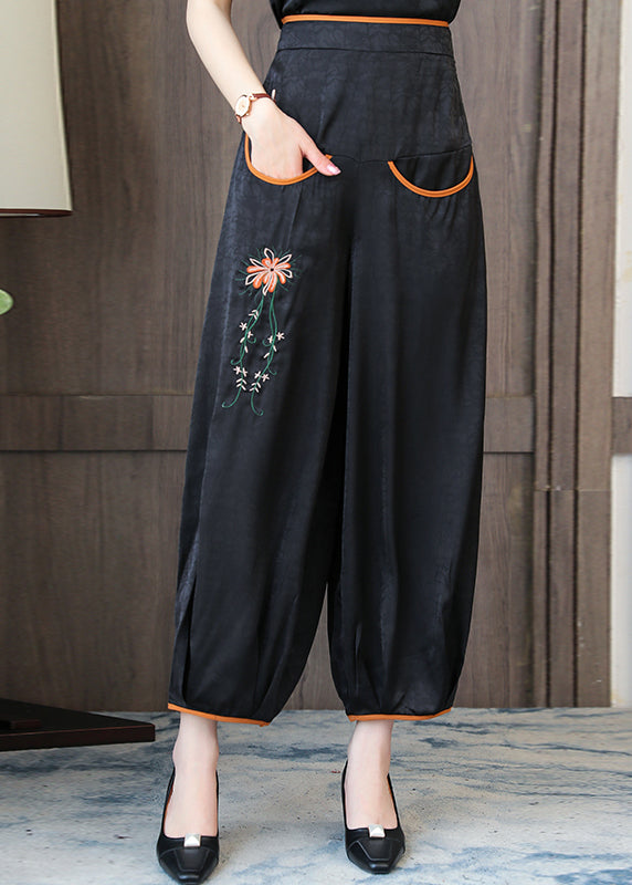 Handmade Black Embroidered Floral Silk Lantern Pants