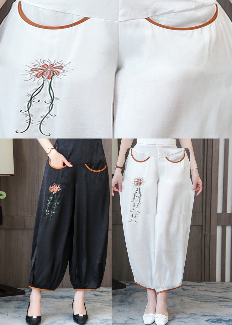 Handmade Black Embroidered Floral Silk Lantern Pants