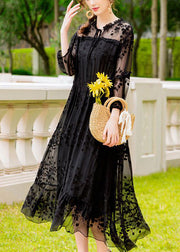 Handmade Black Embroidered Hollow Out Silk Dress Summer