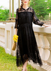 Handmade Black Embroidered Hollow Out Silk Dress Summer