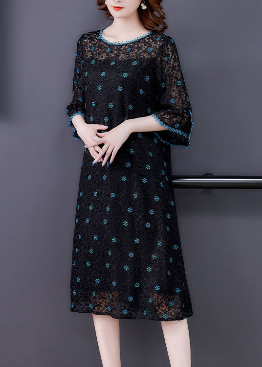 Handmade Black Embroidered Hollow Out Silk Maxi Dresses Flare Sleeve
