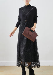 Handmade Black Embroidered Patchwork Knit Dress Fall
