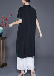 Handmade Black Embroidered Patchwork Silk Long Dresses Summer