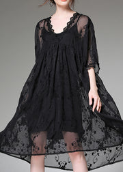 Handmade Black Embroidered Patchwork Tulle Two-Piece Set Dress Summer
