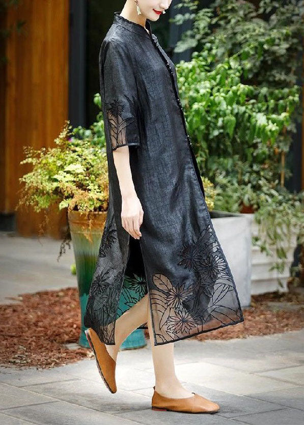 Handmade Black Embroidered Side Open Patchwork Silk Trench Summer