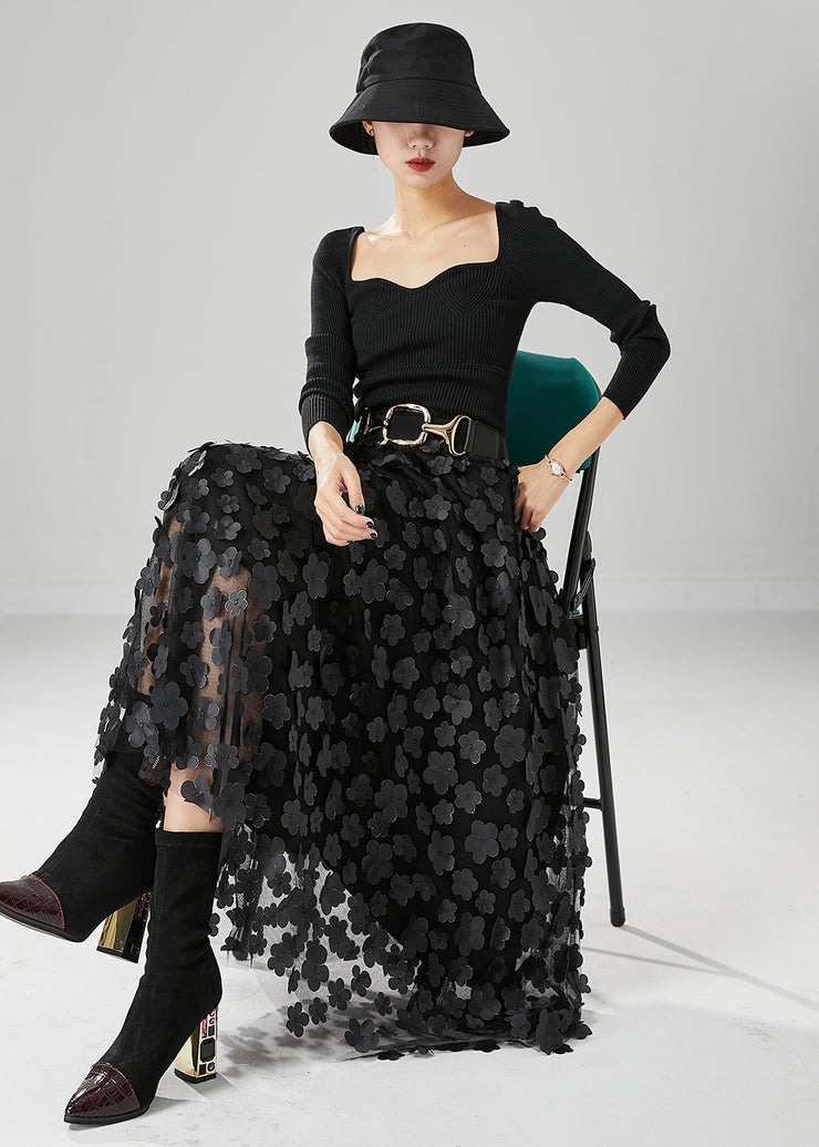 Handmade Black Floral Appliqued Tulle A Line Skirts Fall