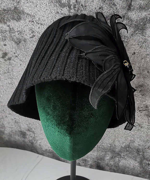 Handmade Black Floral Knit Bucket Hat