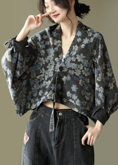 Handmade Black Floral Pockets Denim Long sleeve Short Coats - SooLinen
