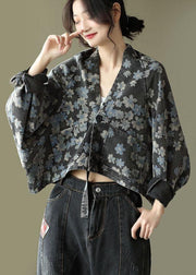 Handmade Black Floral Pockets Denim Long sleeve Short Coats - SooLinen