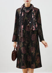 Handmade Black Floral Warm Fleece Maxi Dresses Spring
