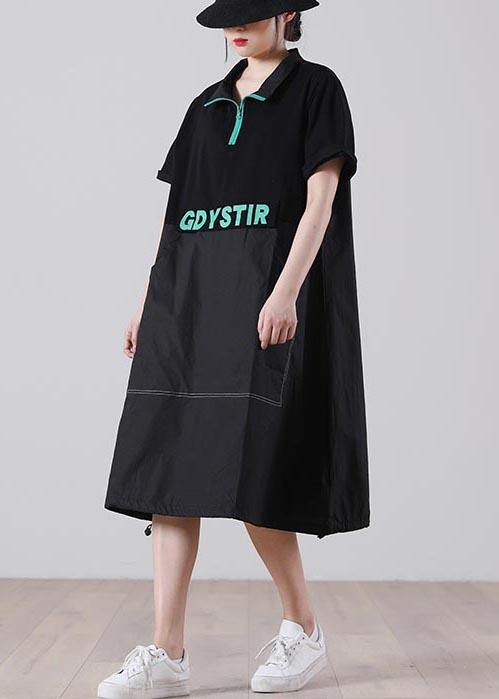 Handmade Black Graphic zippered Holiday Summer Cotton Dress - SooLinen