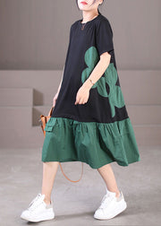 Handmade Black Green O-Neck Wrinkled Cotton Long Dresses Short Sleeve