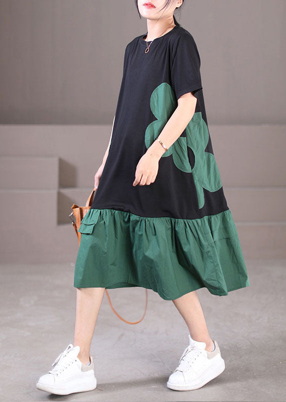 Handgemachte schwarze grüne O-Neck geknitterte lange Kleider aus Baumwolle mit kurzen Ärmeln