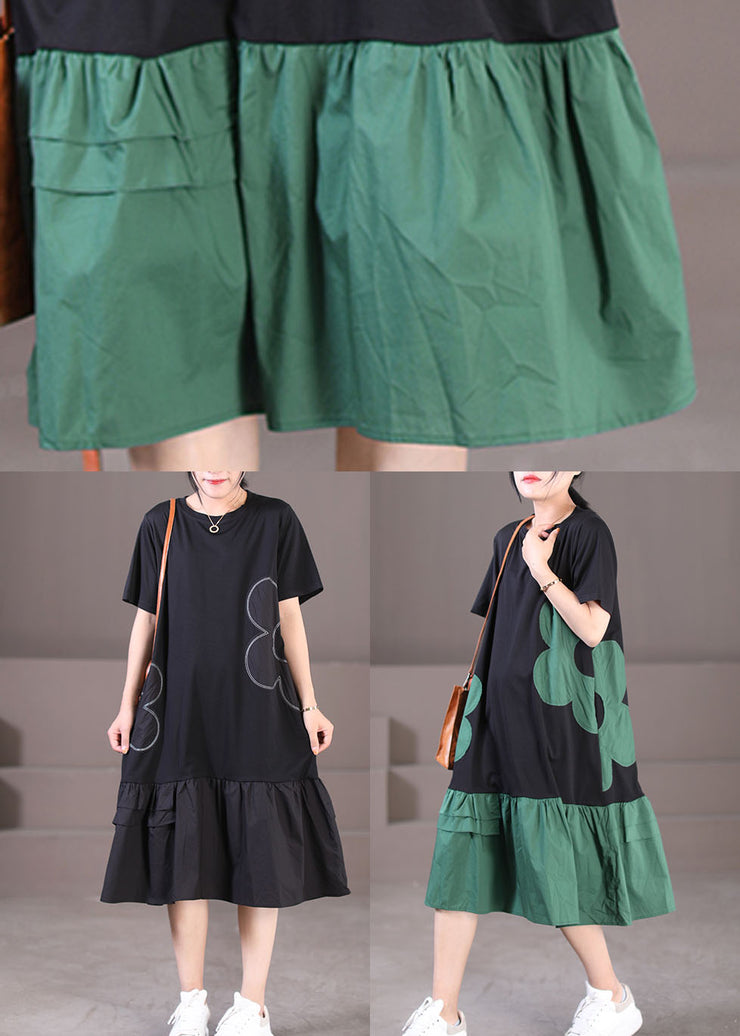 Handmade Black Green O-Neck Wrinkled Cotton Long Dresses Short Sleeve