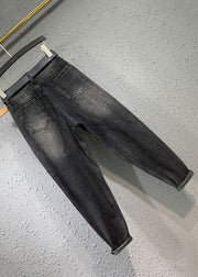 Handmade Black High Waist Patchwork Sashes Warm Fleece Harem Jeans