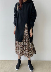 Handmade Black Hooded Patchwork Leopard False Two Pieces Cotton Dress Spring