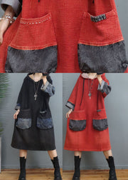 Handmade Black Hooded Pockets Dress Spring