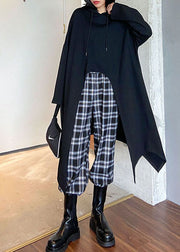 Handmade Black Hooded drawstring asymmetrical design Sweatshirts Top Spring
