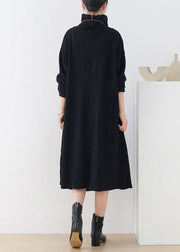 Handmade Black Loose Turtleneck Fall Cotton Dress Long sleeve - SooLinen