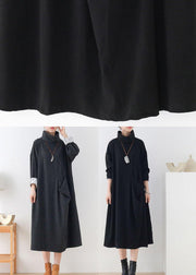 Handmade Black Loose Turtleneck Fall Cotton Dress Long sleeve - SooLinen