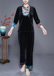 Handmade Black Mandarin Collar Patchwork Tassel Silk Velour Oriental Women Sets 2 Pieces Summer