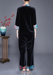 Handmade Black Mandarin Collar Patchwork Tassel Silk Velour Oriental Women Sets 2 Pieces Summer