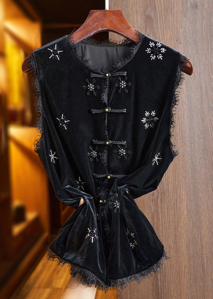 Handmade Black Nail Bead Lace Patchwork Silk Velour Shirt Waistcoat Sleeveless
