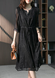 Handmade Black O-Neck Lace Patchwork Tie Waist Silk Maxi Dress Summer