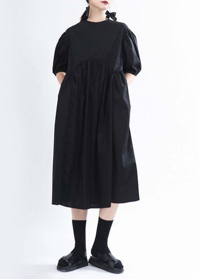 Handmade Black O-Neck Long Summer Cotton Dress - SooLinen