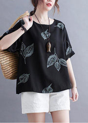 Handmade Black O-Neck Loose Summer Cotton Linen Top - SooLinen