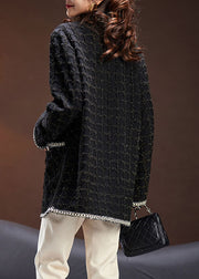 Handmade Black O-Neck Pockets Plaid Patchwork Knit Coats Long Sleeve