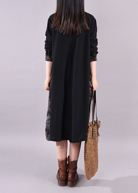 Handmade Black O-Neck Print Patchwork Maxi Dress Long Sleeve