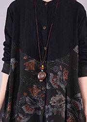 Handmade Black O-Neck Print Patchwork Maxi Dress Long Sleeve