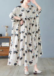 Handmade Black O-Neck Swan Print Patchwork Cotton Maxi Dresses Half Sleeve