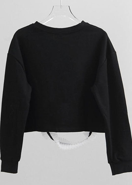 Handmade Black O-Neck Tulle Patchwork Warm Fleece Pullover Street wear Spring