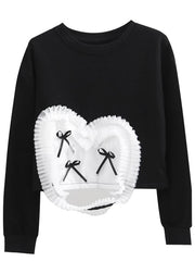 Handgemachter schwarzer Tüll-Patchwork-warmer Fleece-Pullover mit O-Ausschnitt Street Wear Frühling