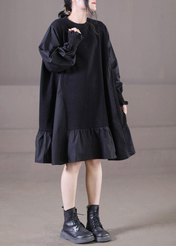 Handgefertigter schwarzer O-Ausschnitt, faltige Patchwork-Rüschen, Baumwolle, mittleres Kleid, Laternenärmel
