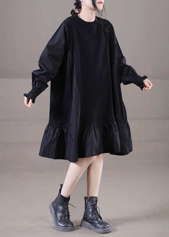 Handgefertigter schwarzer O-Ausschnitt, faltige Patchwork-Rüschen, Baumwolle, mittleres Kleid, Laternenärmel