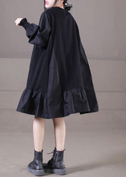 Handmade Black O-Neck Wrinkled Patchwork Ruffles Cotton Mid Dress Lantern Sleeve