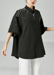 Handmade Black Oversized Nail Bead Jacquard Cotton Blouses Short Sleeve