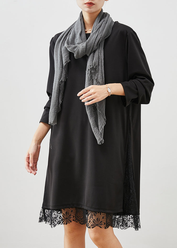 Handmade Black Oversized Patchwork Lace Warm Fleece Dress Spring