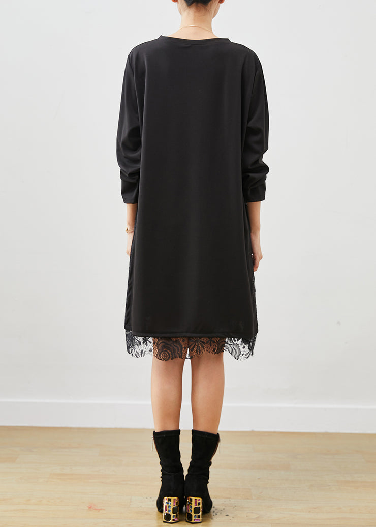 Handmade Black Oversized Patchwork Lace Warm Fleece Dress Spring