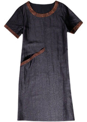 Handmade Black Oversized Patchwork Wrinkled Silk Long Dress Summer