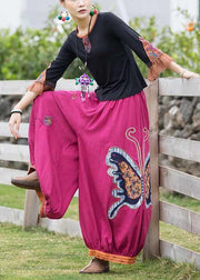 Handmade Black Patchwork Earthy Yellow Embroidered Floral Top And Lantern Pants Two Pieces Set Summer